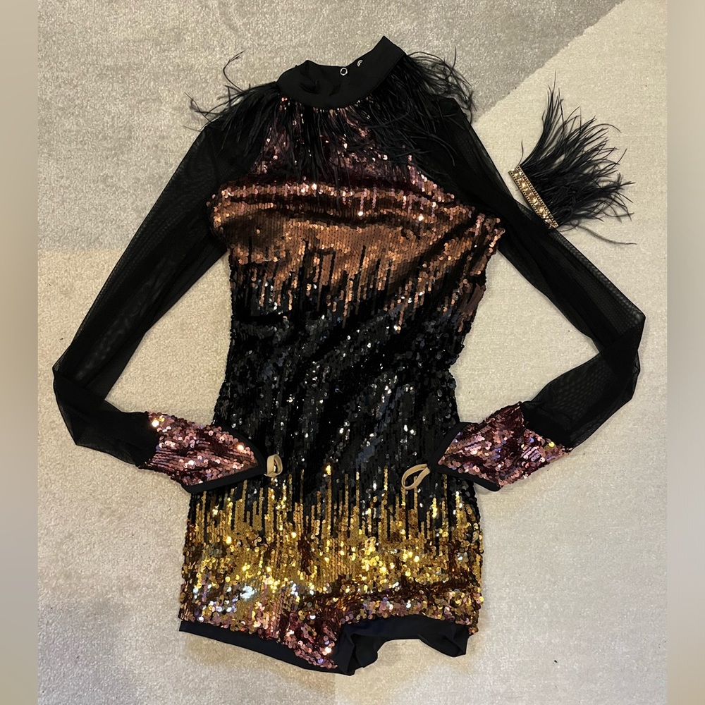 WEISSMAN Dance Costume sequin black rose gold biketard shorts long sleeve large